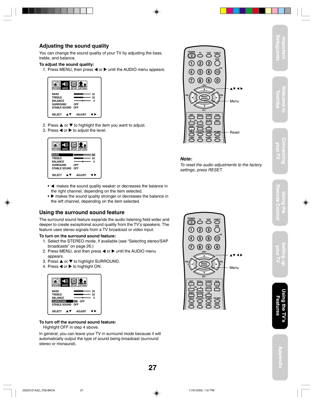 Toshiba 27A45C appendix Adjusting the sound quality, Using the surround sound feature, To adjust the sound quality 