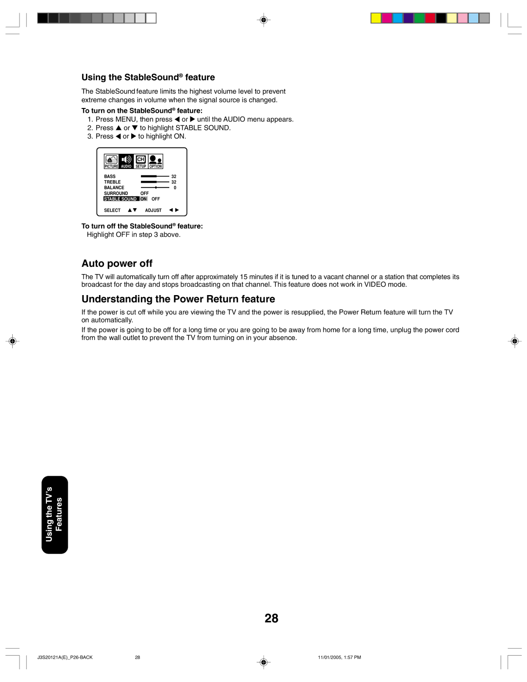 Toshiba 27A45C appendix Auto power off, Understanding the Power Return feature, Using the StableSound feature 