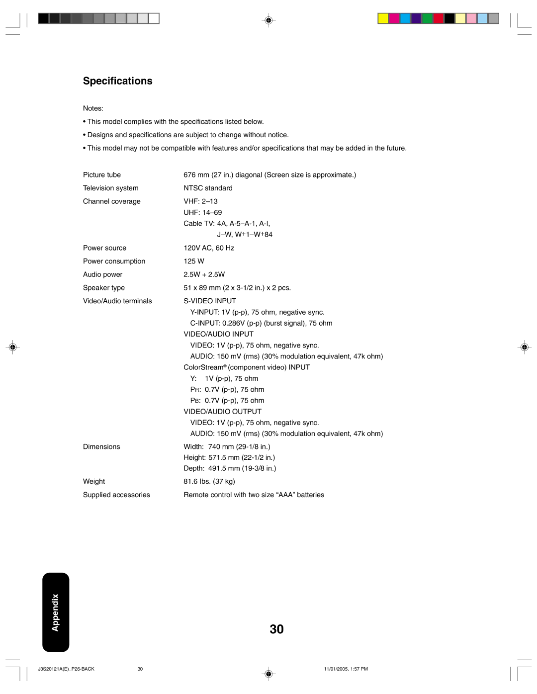 Toshiba 27A45C appendix Specifications 