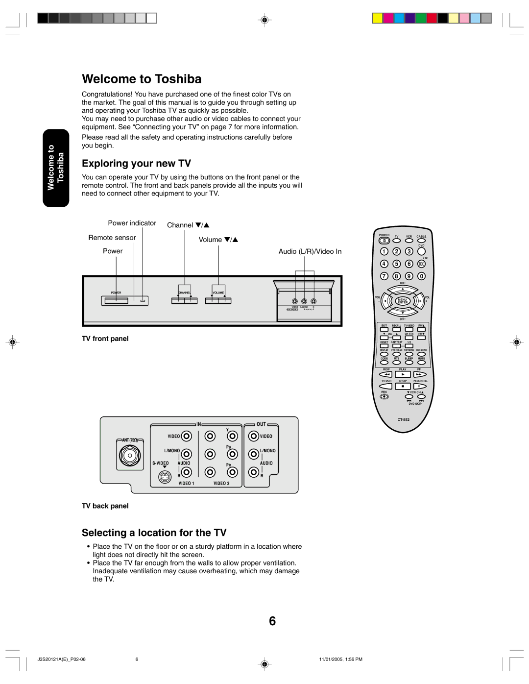 Toshiba 27A45C Welcome to Toshiba, Exploring your new TV, Selecting a location for the TV, TV front panel, TV back panel 