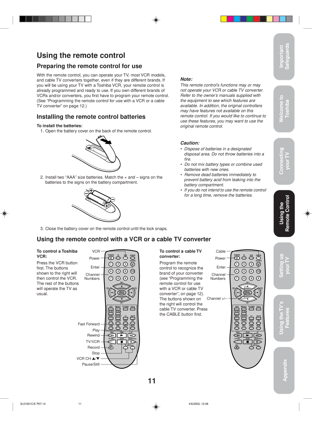 Toshiba 27A62 Using the remote control, Preparing the remote control for use, Installing the remote control batteries 