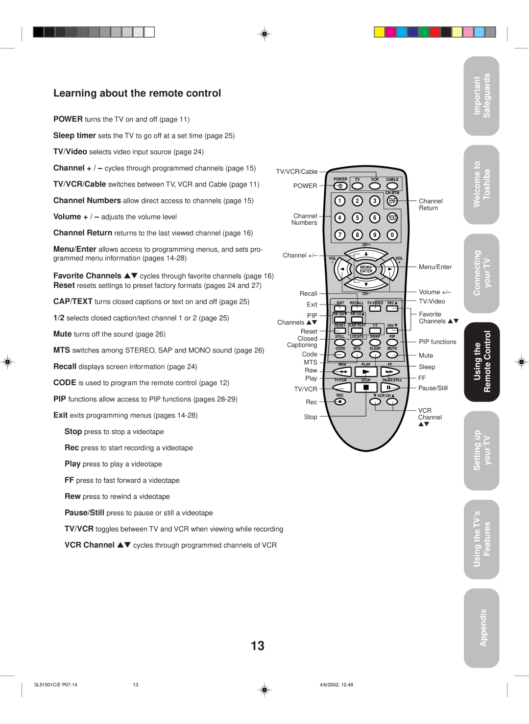 Toshiba 27A62 appendix Learning about the remote control, 100 