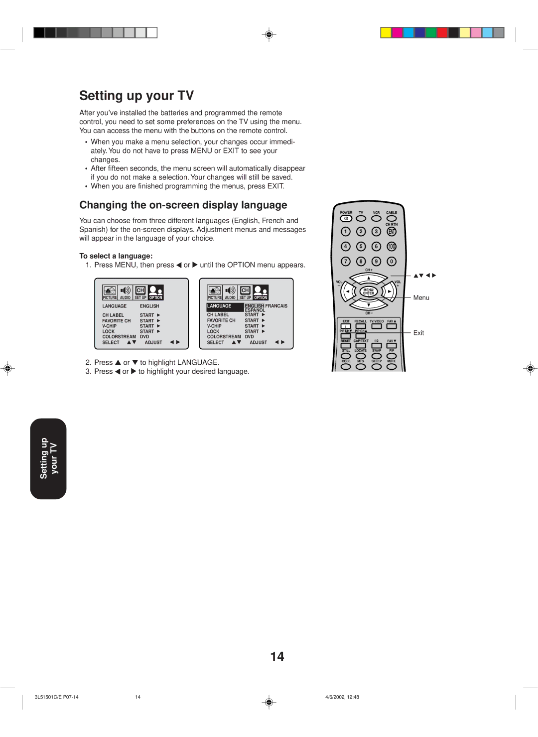 Toshiba 27A62 appendix Setting up your TV, Changing the on-screen display language, To select a language 