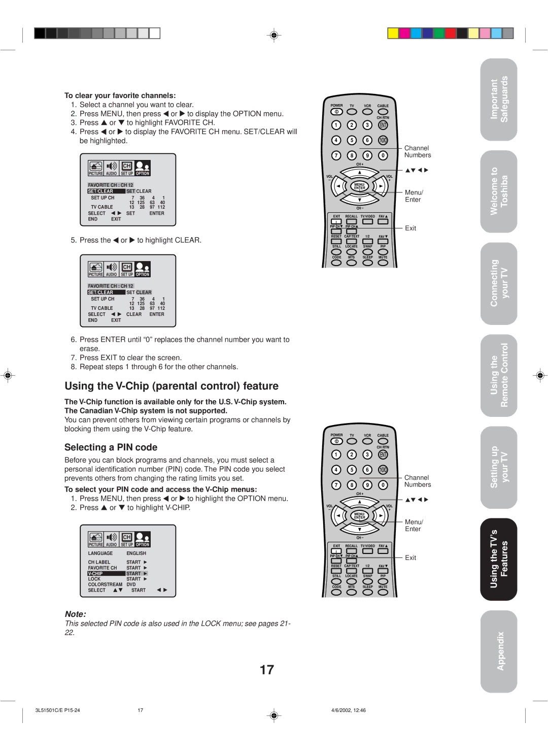 Toshiba 27A62 appendix Using the V-Chip parental control feature, Selecting a PIN code, To clear your favorite channels 