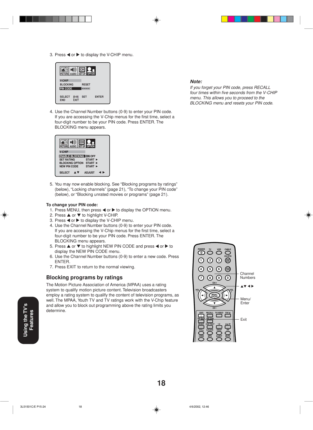 Toshiba 27A62 appendix Blocking programs by ratings, Press or to display the V-CHIP menu, To change your PIN code 