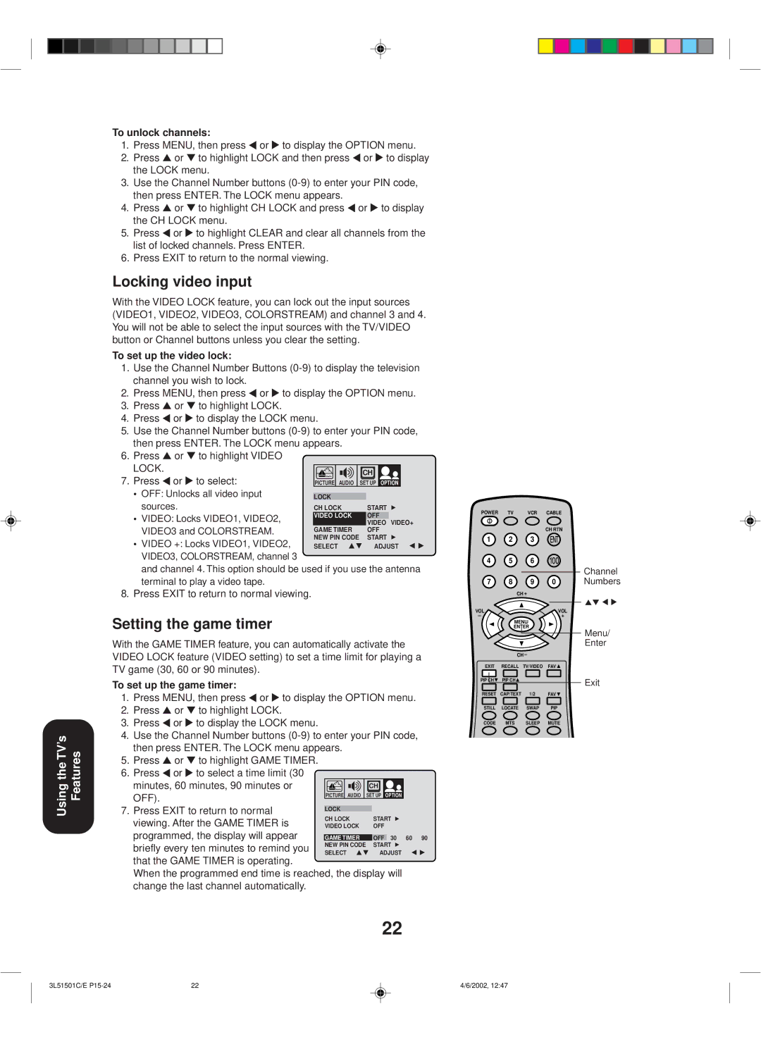 Toshiba 27A62 appendix Locking video input, Setting the game timer, To unlock channels, To set up the video lock 