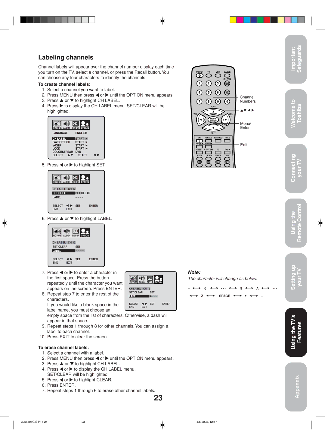 Toshiba 27A62 appendix Labeling channels 