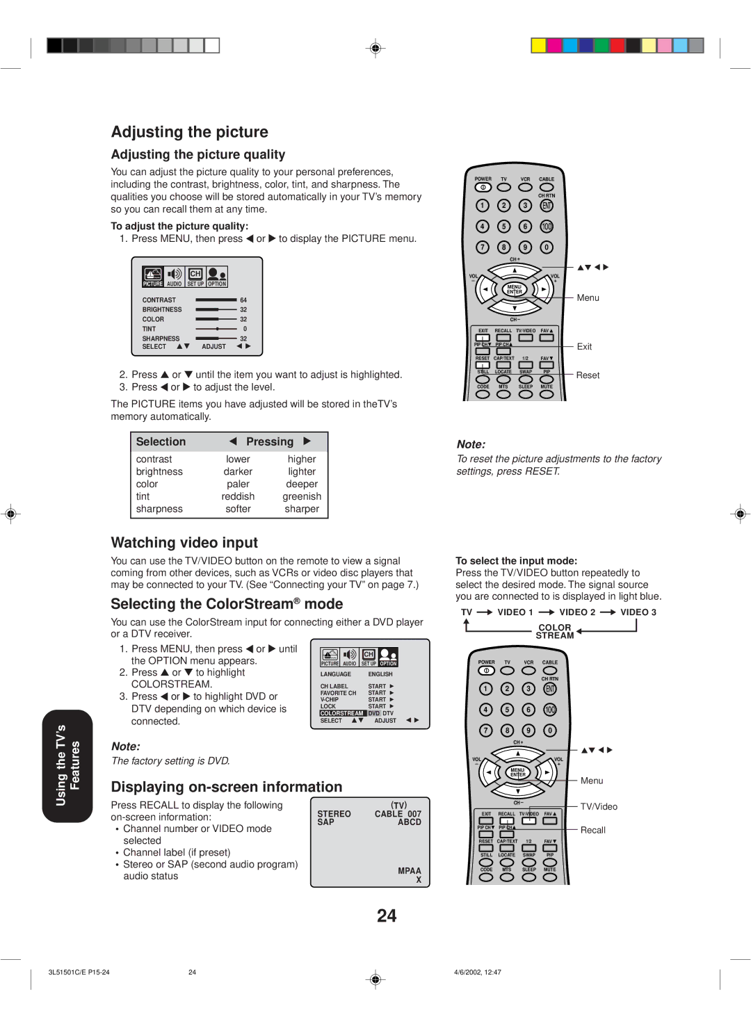 Toshiba 27A62 appendix Watching video input, Selecting the ColorStream mode, Displaying on-screen information 