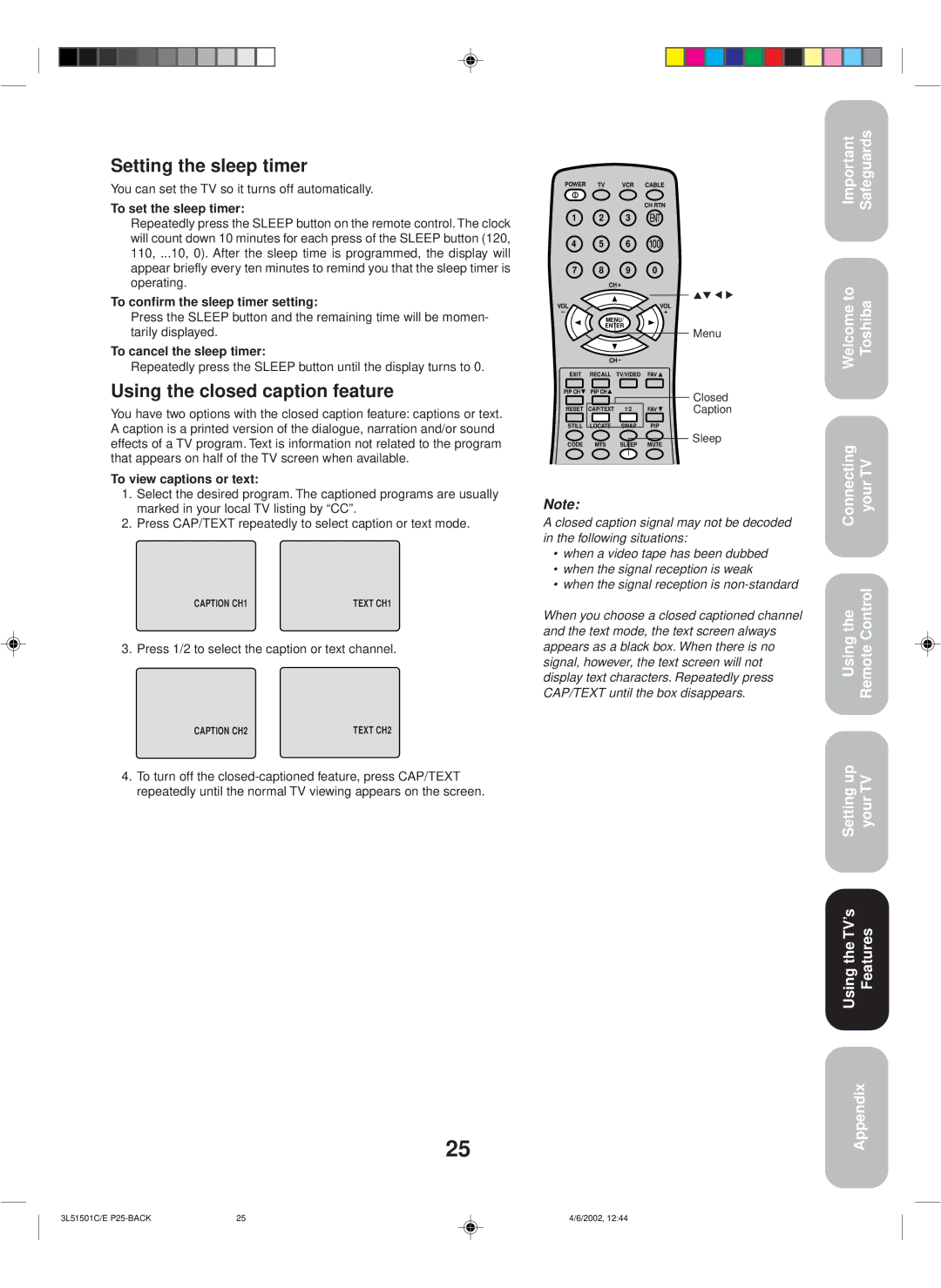 Toshiba 27A62 appendix Setting the sleep timer, Using the closed caption feature 