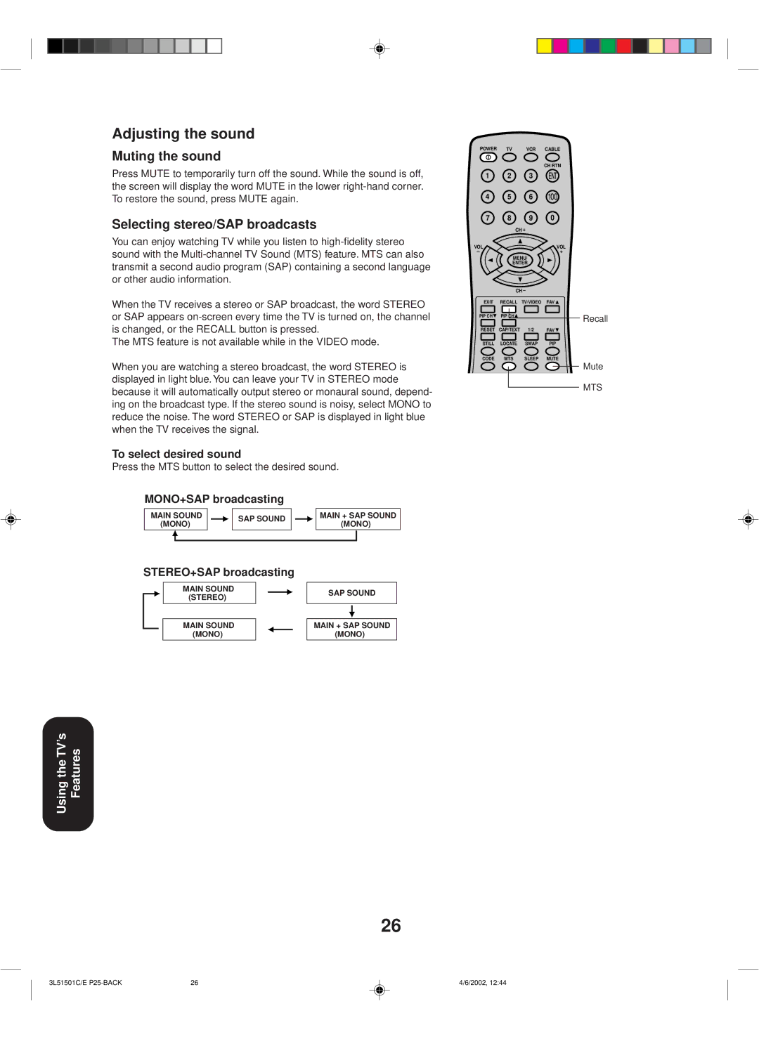 Toshiba 27A62 appendix Adjusting the sound, Muting the sound, Selecting stereo/SAP broadcasts 