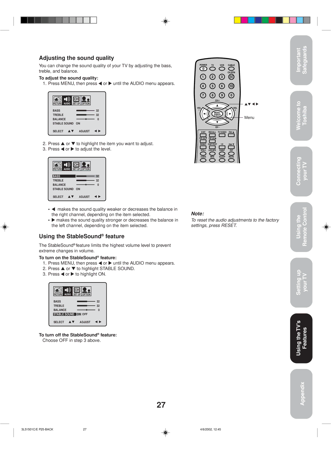 Toshiba 27A62 appendix Adjusting the sound quality, Using the StableSound feature, To adjust the sound quality 