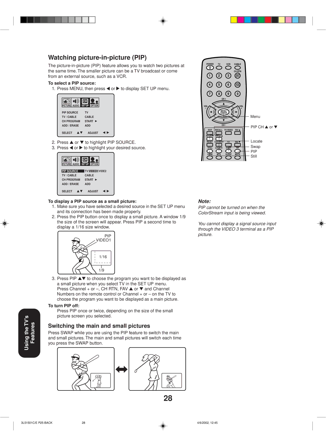 Toshiba 27A62 appendix Watching picture-in-picture PIP, Switching the main and small pictures, To select a PIP source 