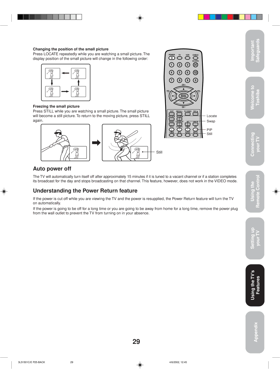 Toshiba 27A62 Auto power off, Understanding the Power Return feature, Changing the position of the small picture, Still 