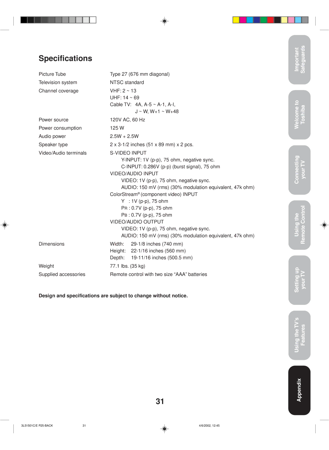 Toshiba 27A62 appendix Specifications, VIDEO/AUDIO Input 