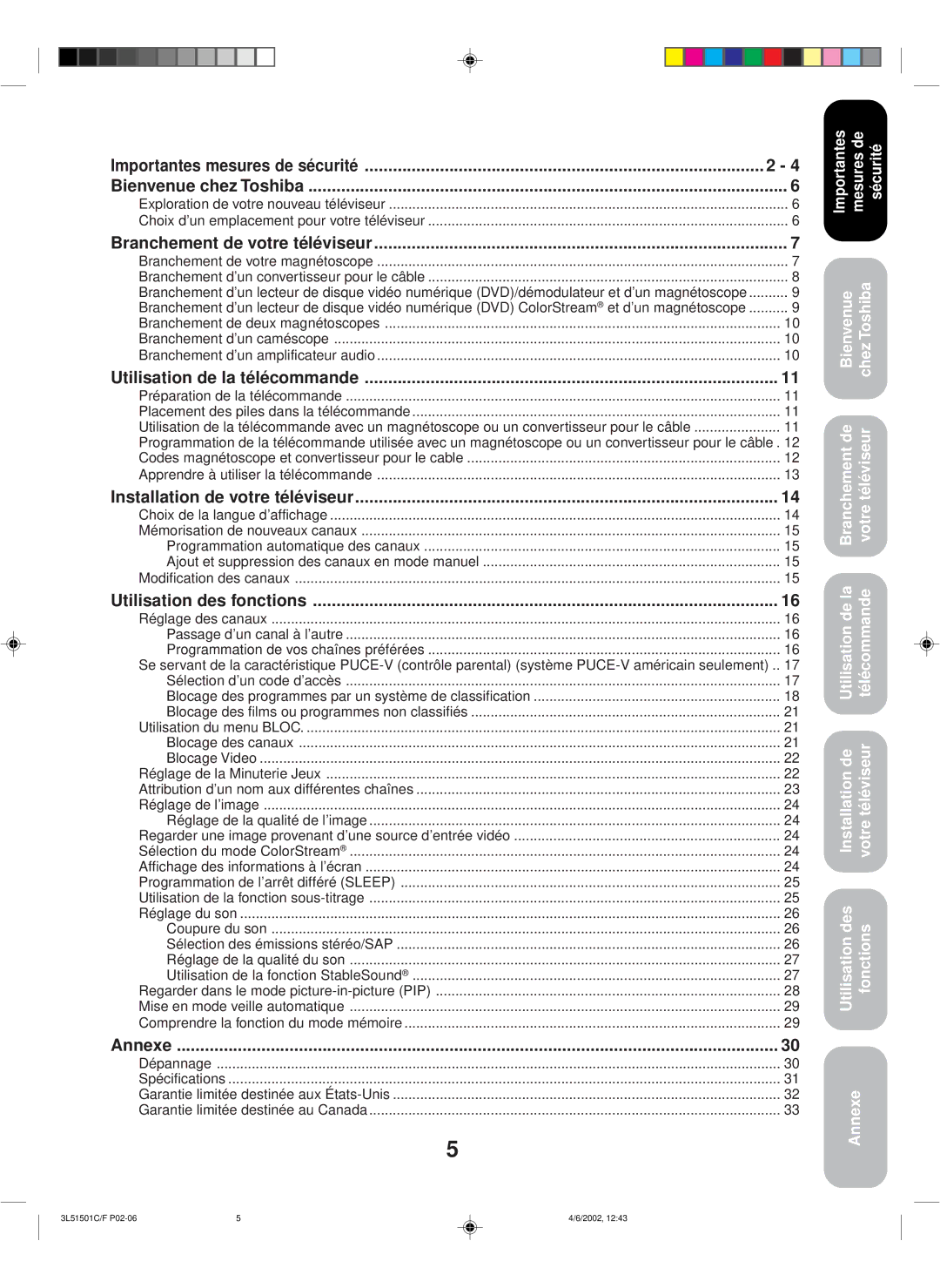 Toshiba 27A62 appendix Importantes mesures de sécurité Bienvenue chez Toshiba 