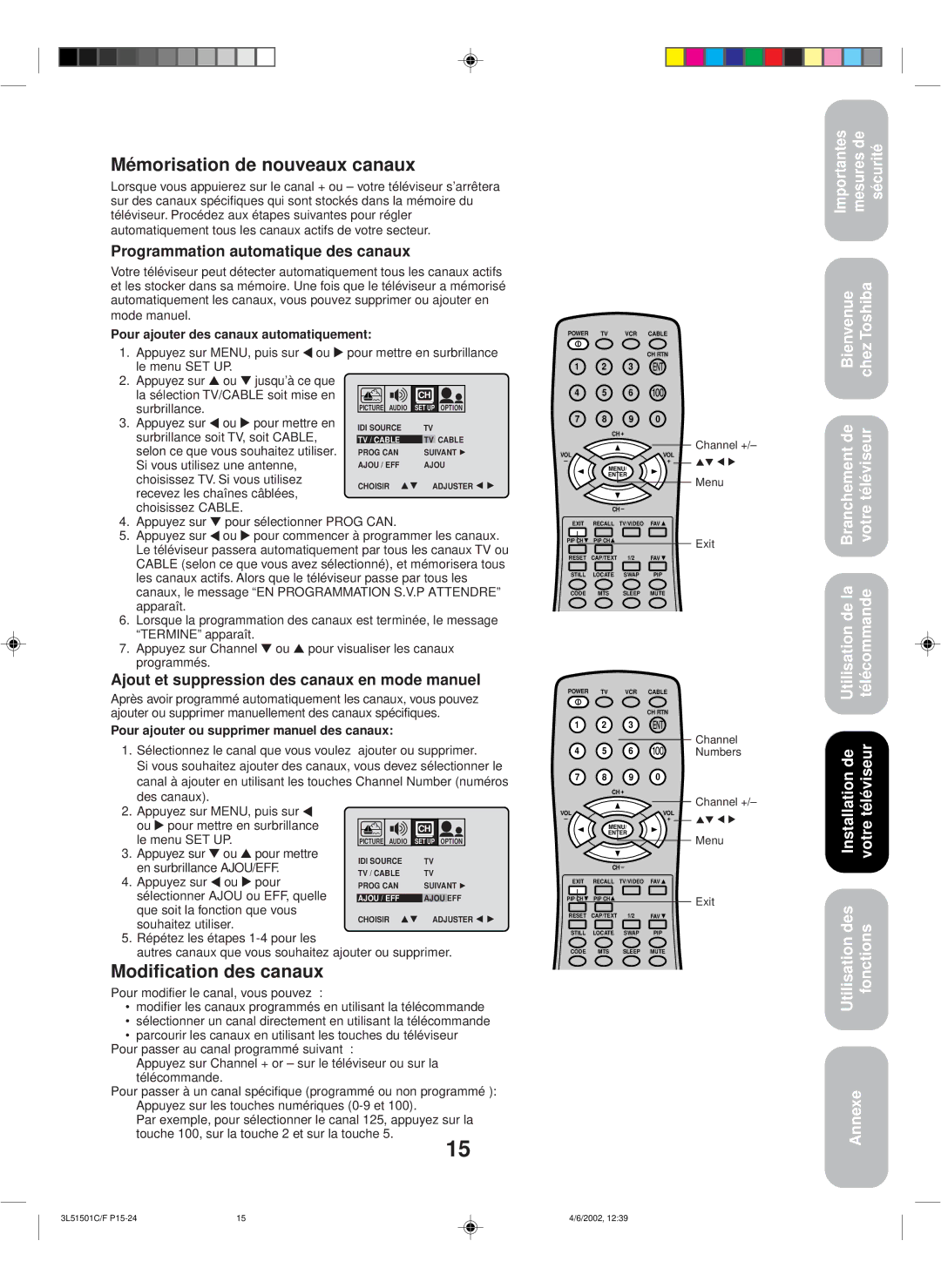 Toshiba 27A62 appendix Mémorisation de nouveaux canaux, Modification des canaux, Programmation automatique des canaux 