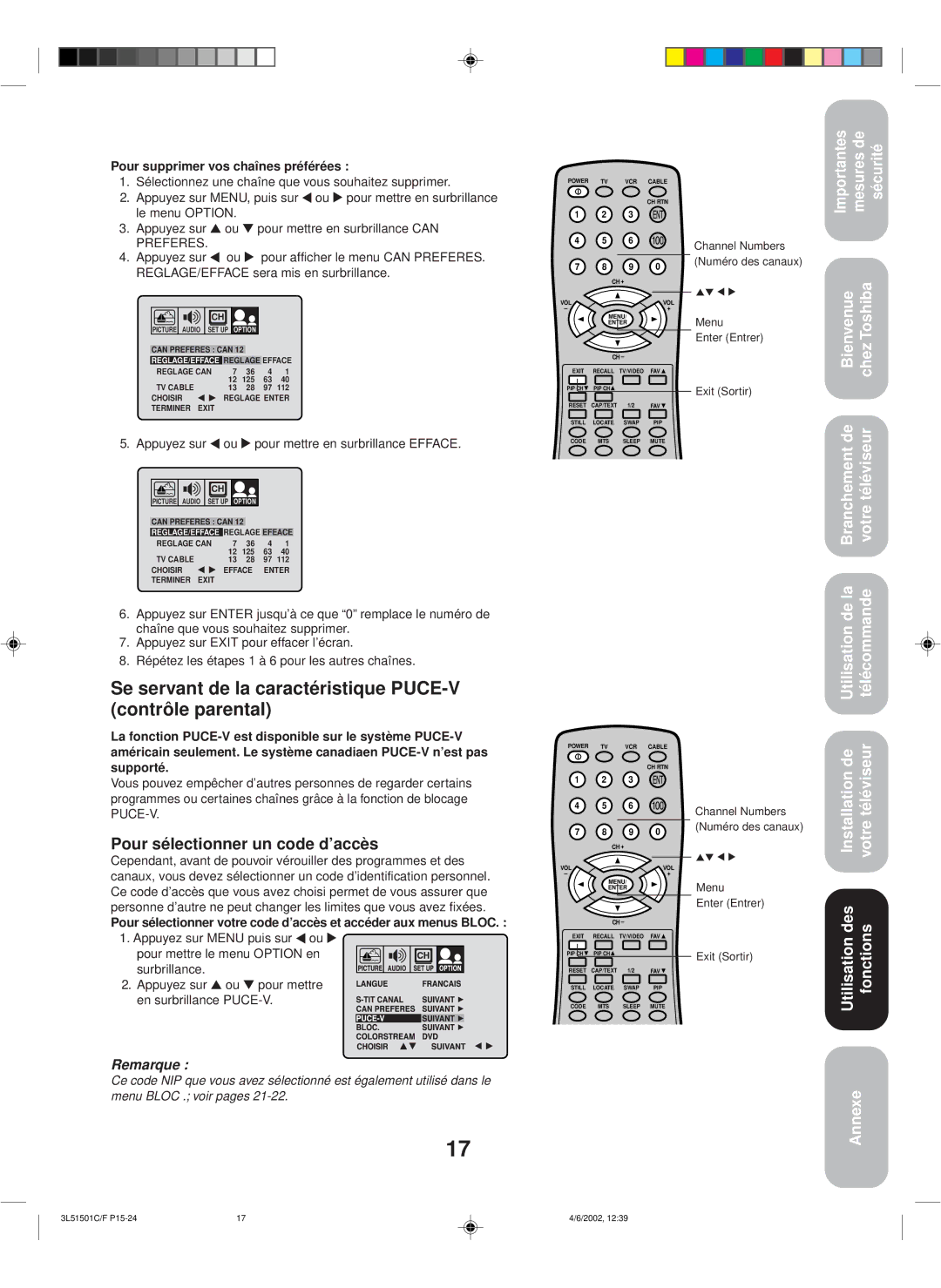 Toshiba 27A62 appendix Se servant de la caractéristique PUCE-V contrôle parental, Pour sélectionner un code d’accès 