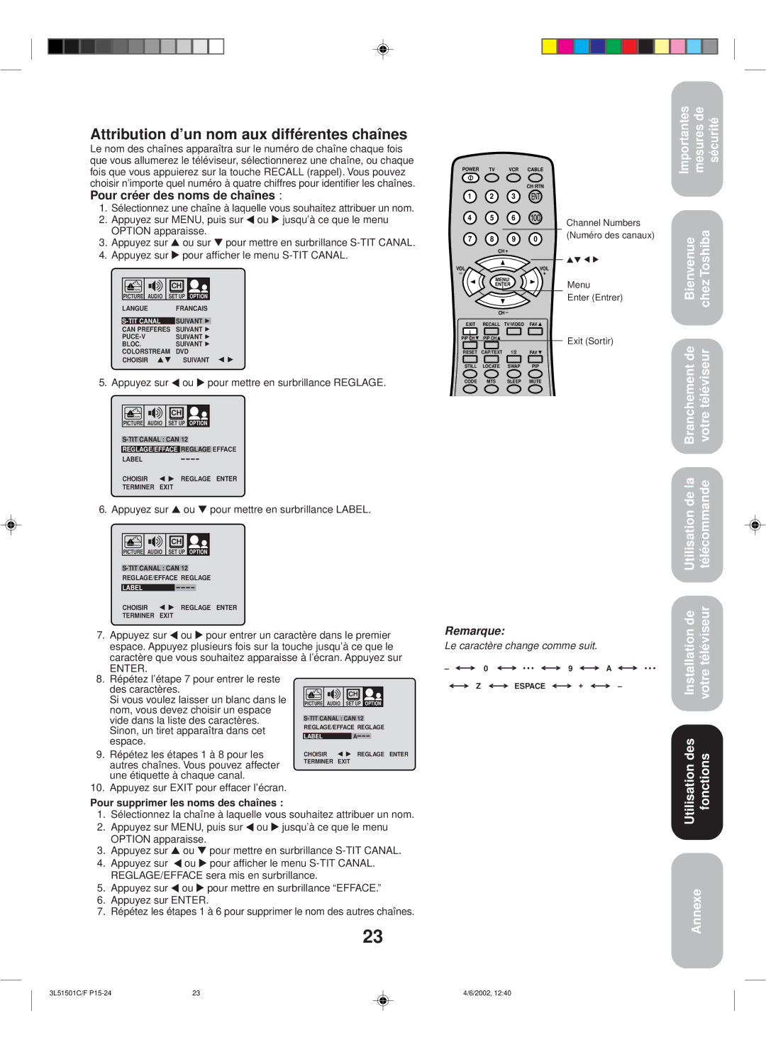 Toshiba 27A62 appendix Attribution d’un nom aux différentes chaînes, Appuyez sur Ou pour mettre en surbrillance Reglage 