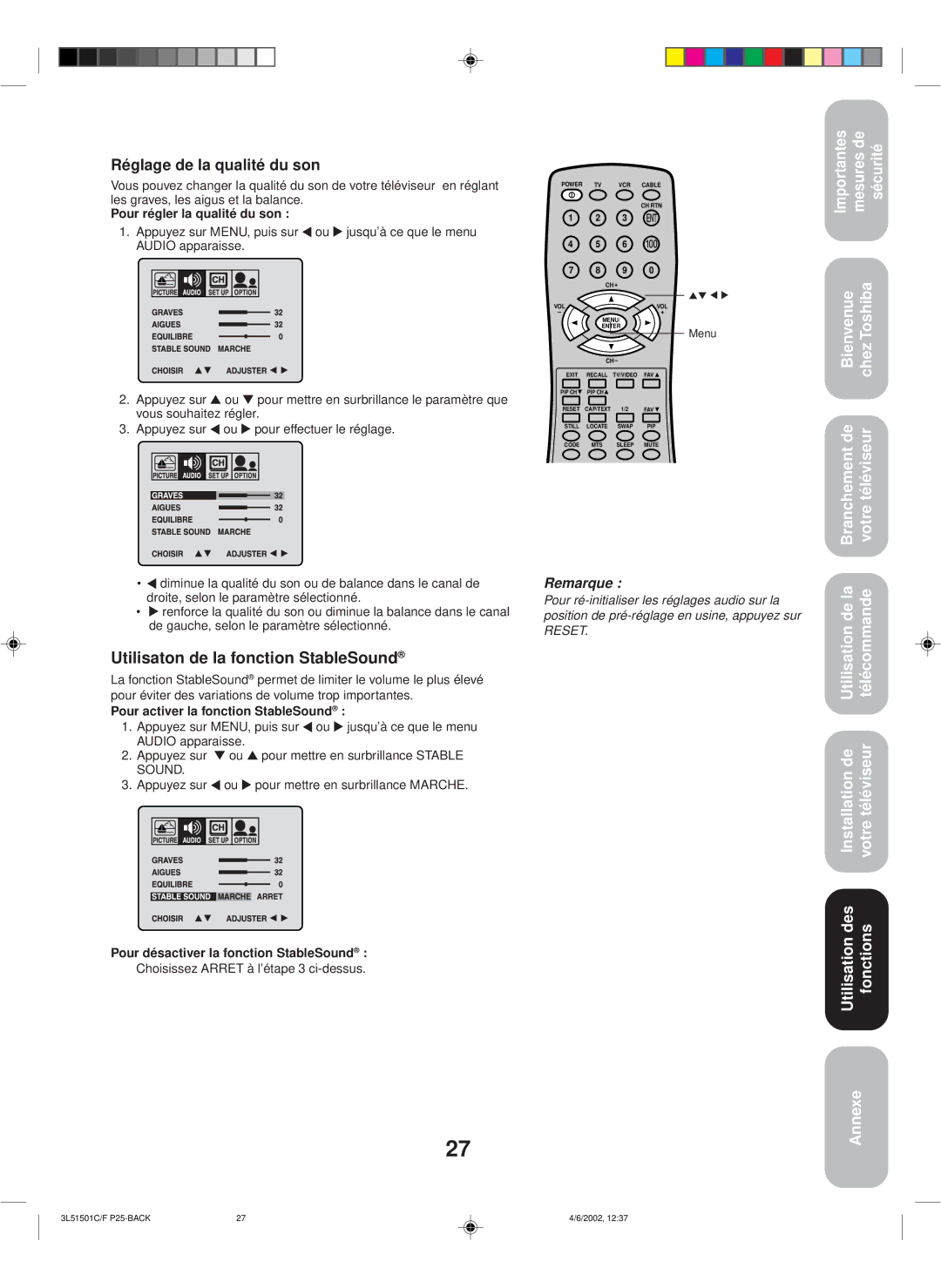 Toshiba 27A62 appendix Réglage de la qualité du son, Utilisaton de la fonction StableSound, Pour régler la qualité du son 