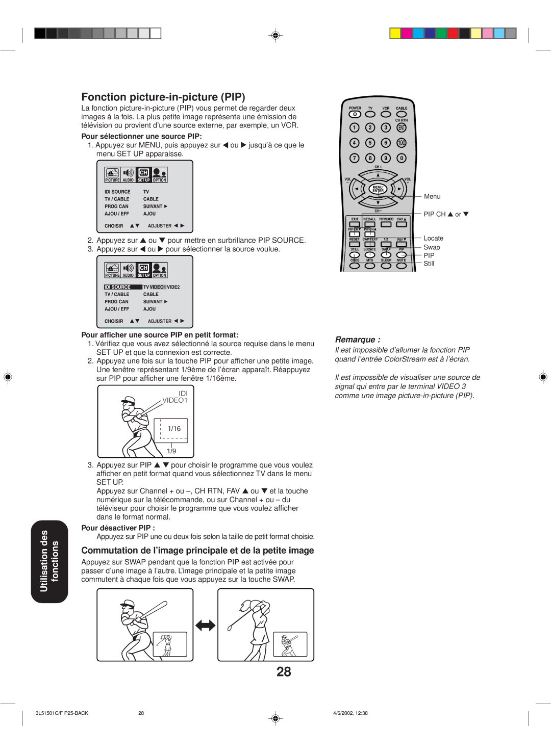 Toshiba 27A62 appendix Fonction picture-in-picture PIP, Commutation de l’image principale et de la petite image 