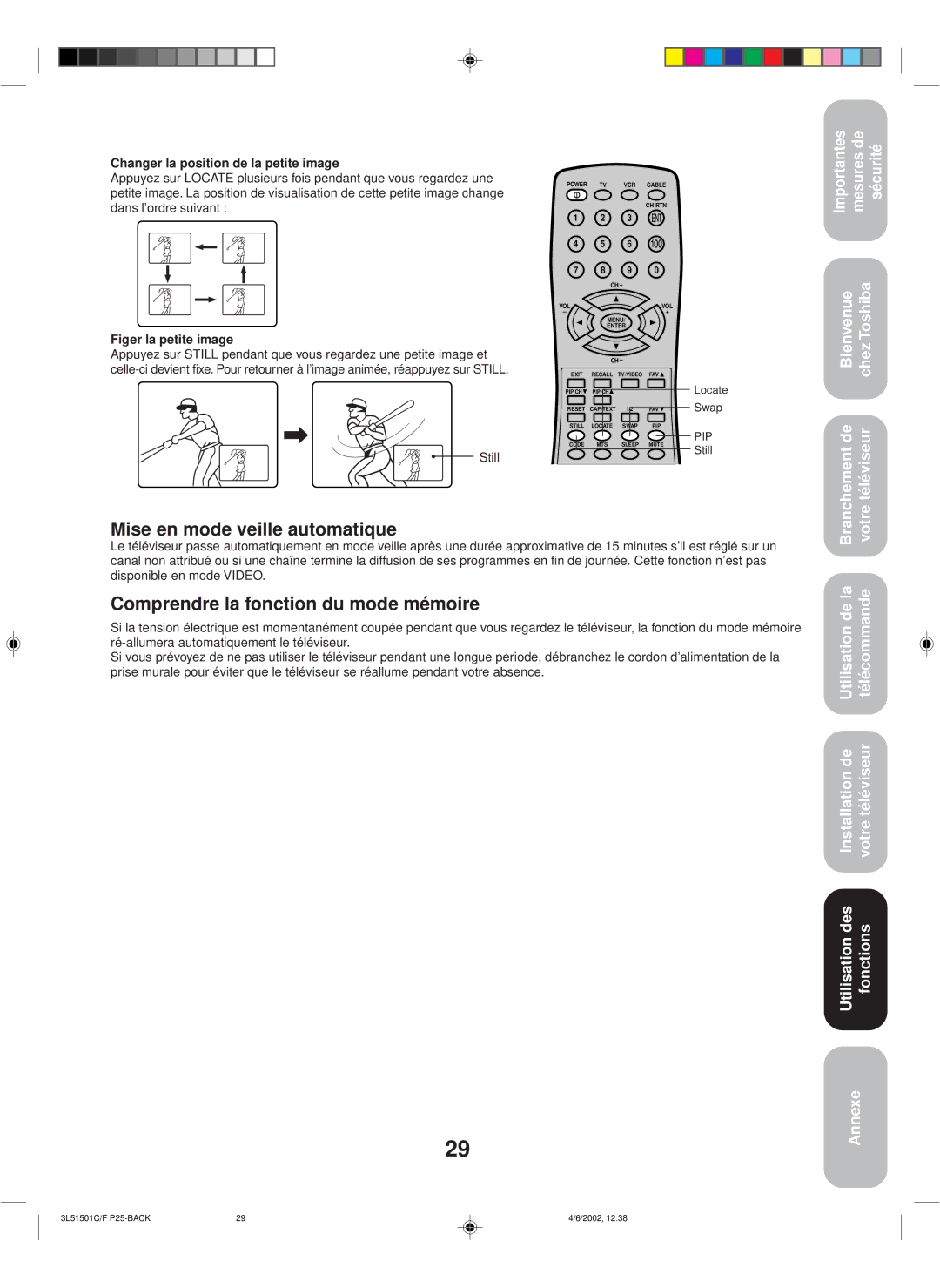 Toshiba 27A62 appendix Mise en mode veille automatique, Comprendre la fonction du mode mémoire, Figer la petite image 