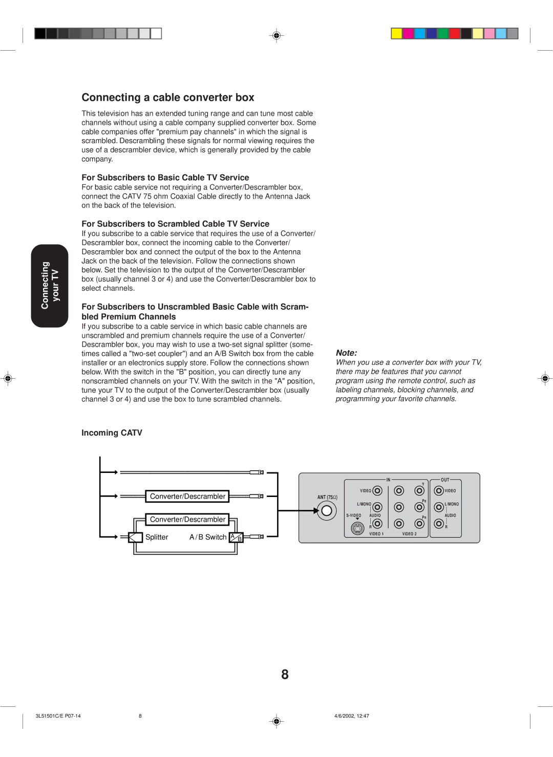 Toshiba 27A62 appendix Connecting a cable converter box, Converter/Descrambler Splitter Switch a B 