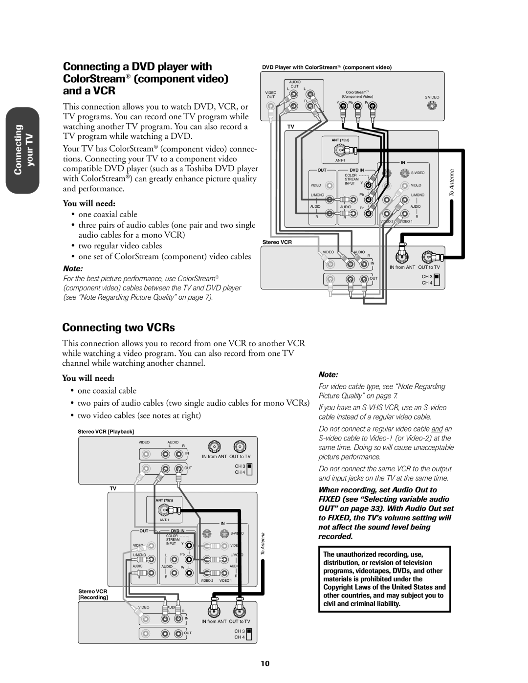 Toshiba 27AF42 owner manual Connecting two VCRs, ¥ one coaxial cable, ¥ two video cables see notes at right 