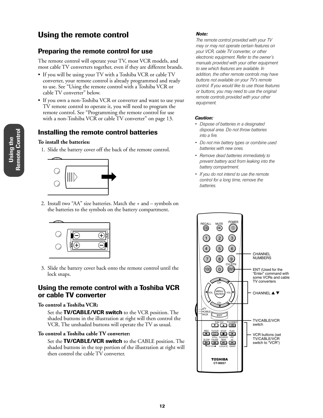 Toshiba 27AF42 Using the remote control, Preparing the remote control for use, Installing the remote control batteries 