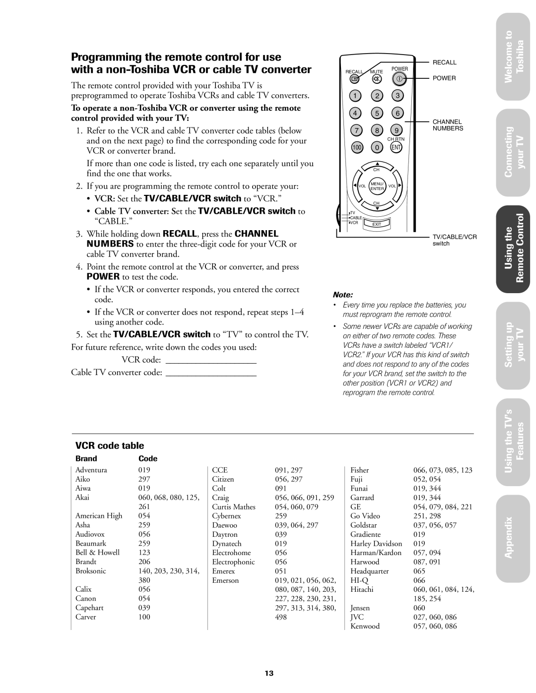 Toshiba 27AF42 owner manual VCR code table, ¥ Cable TV converter Set the TV/CABLE/VCR switch to 