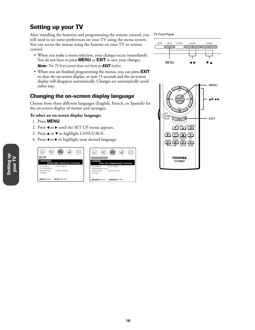 Toshiba 27AF42 Setting up your TV, Changing the on-screen display language, To select an on-screen display language 