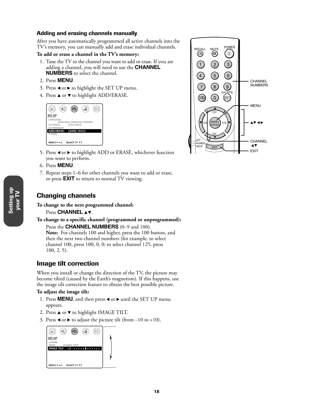 Toshiba 27AF42 owner manual Changing channels, Image tilt correction, Adding and erasing channels manually 