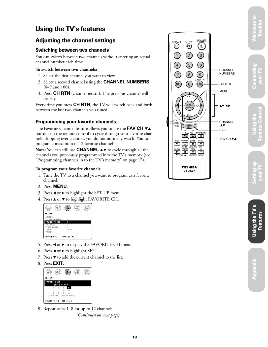 Toshiba 27AF42 owner manual Using the TVÕs features, Adjusting the channel settings, Switching between two channels 