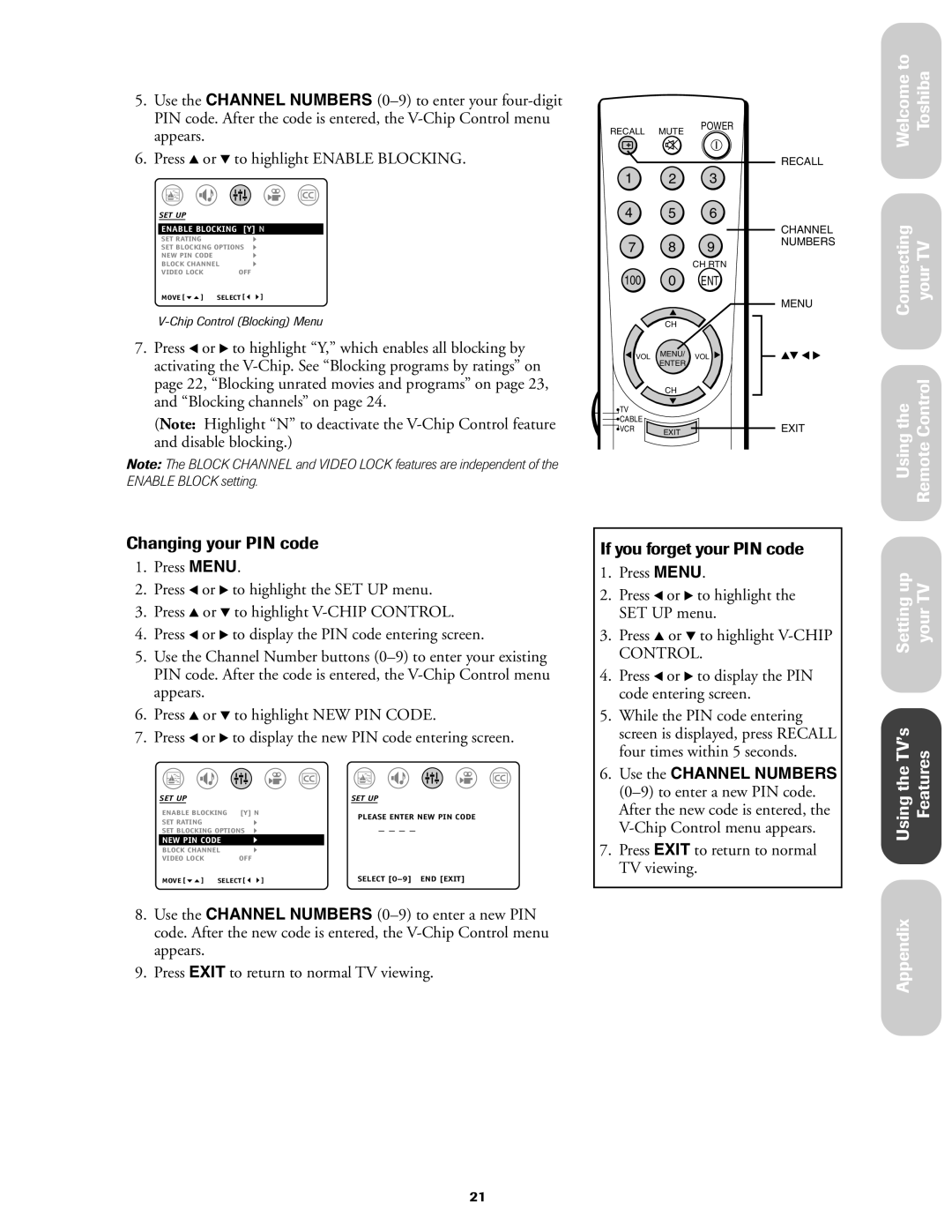 Toshiba 27AF42 owner manual Changing your PIN code, If you forget your PIN code 