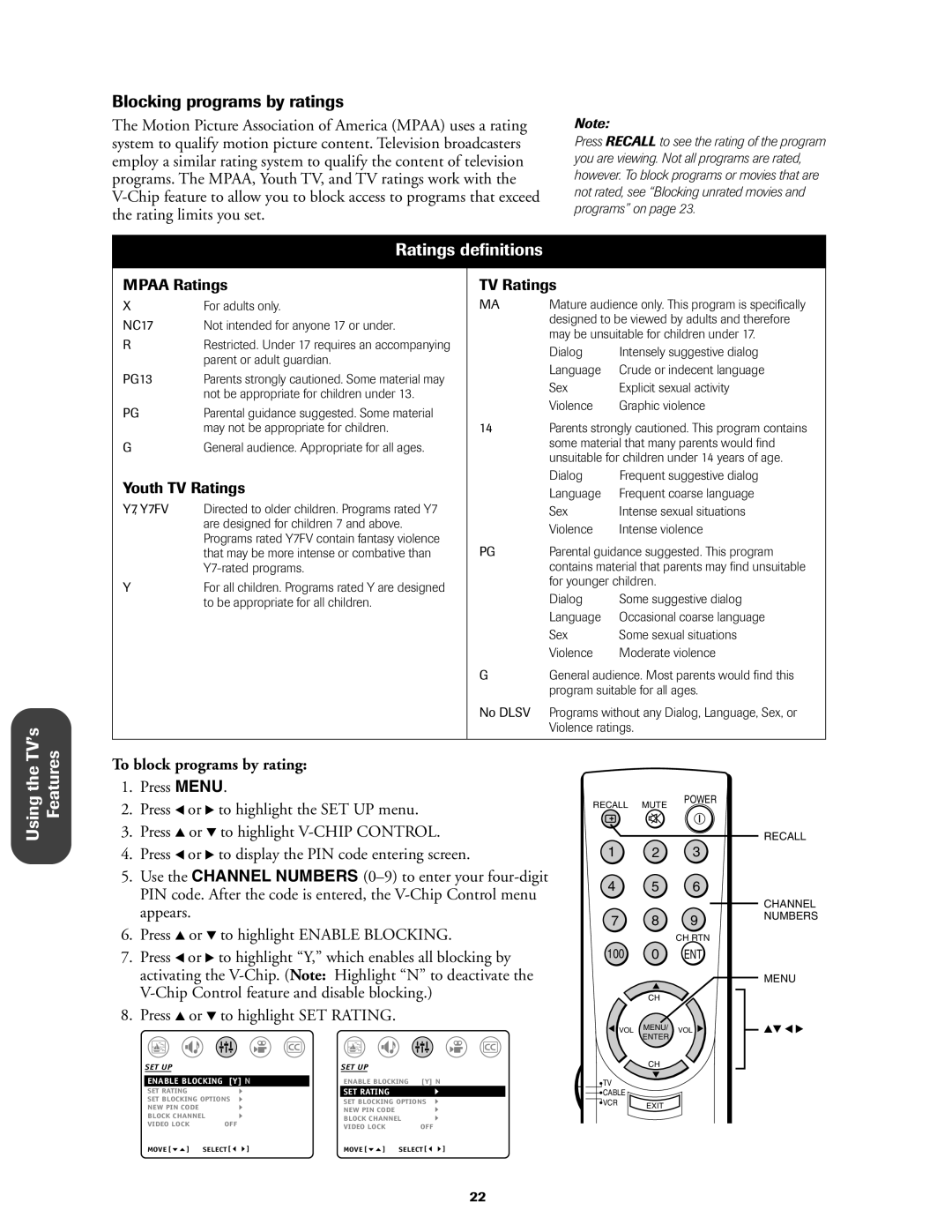 Toshiba 27AF42 owner manual Blocking programs by ratings, To block programs by rating 