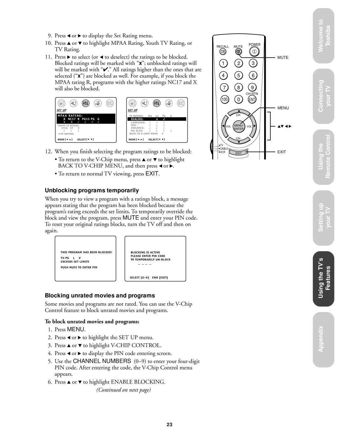 Toshiba 27AF42 Unblocking programs temporarily, Blocking unrated movies and programs, To block unrated movies and programs 