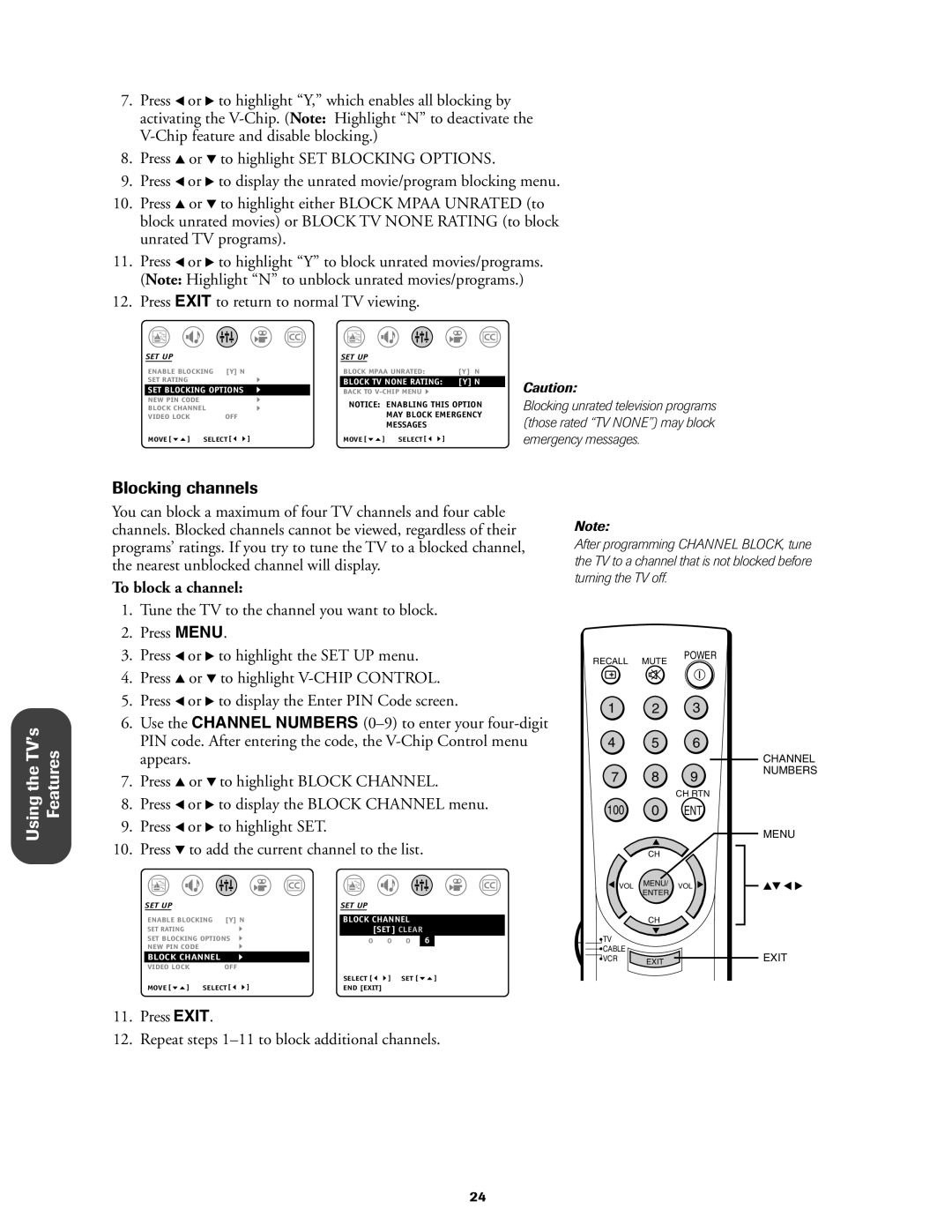 Toshiba 27AF42 Blocking channels, To block a channel, Press Exit Repeat steps 1Ð11 to block additional channels 