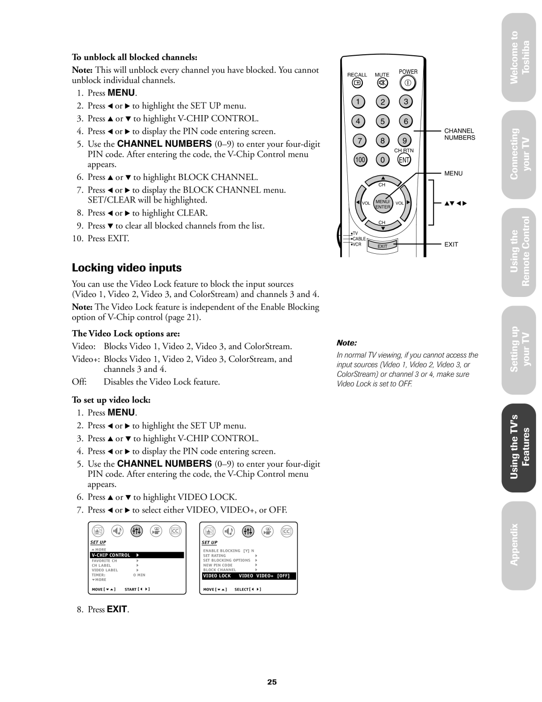 Toshiba 27AF42 Locking video inputs, To unblock all blocked channels, Video Lock options are, To set up video lock 