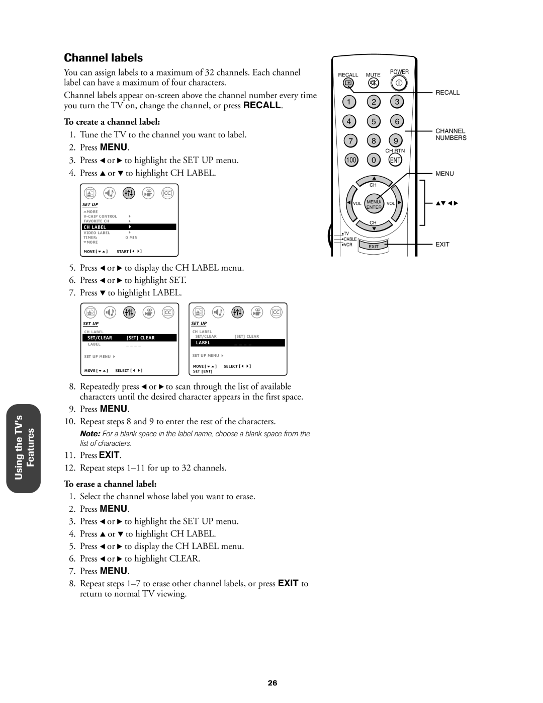 Toshiba 27AF42 owner manual Channel labels, To create a channel label, To erase a channel label 