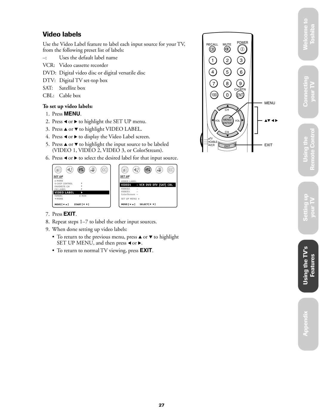 Toshiba 27AF42 owner manual Video labels, To set up video labels 