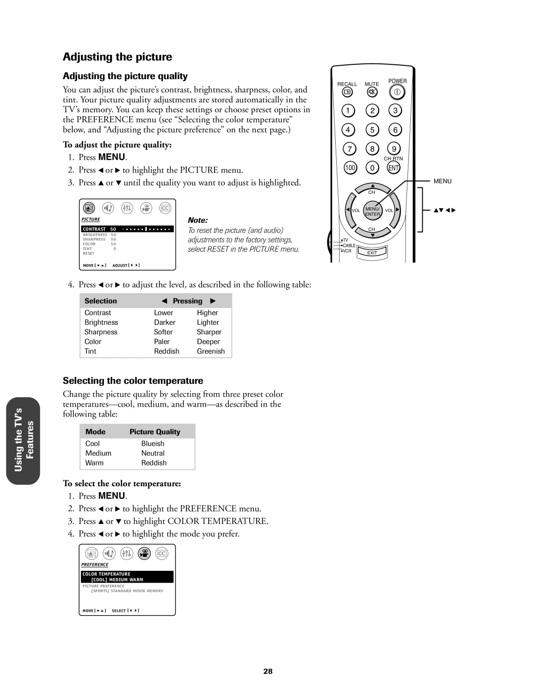 Toshiba 27AF42 Adjusting the picture quality, Selecting the color temperature, To adjust the picture quality 