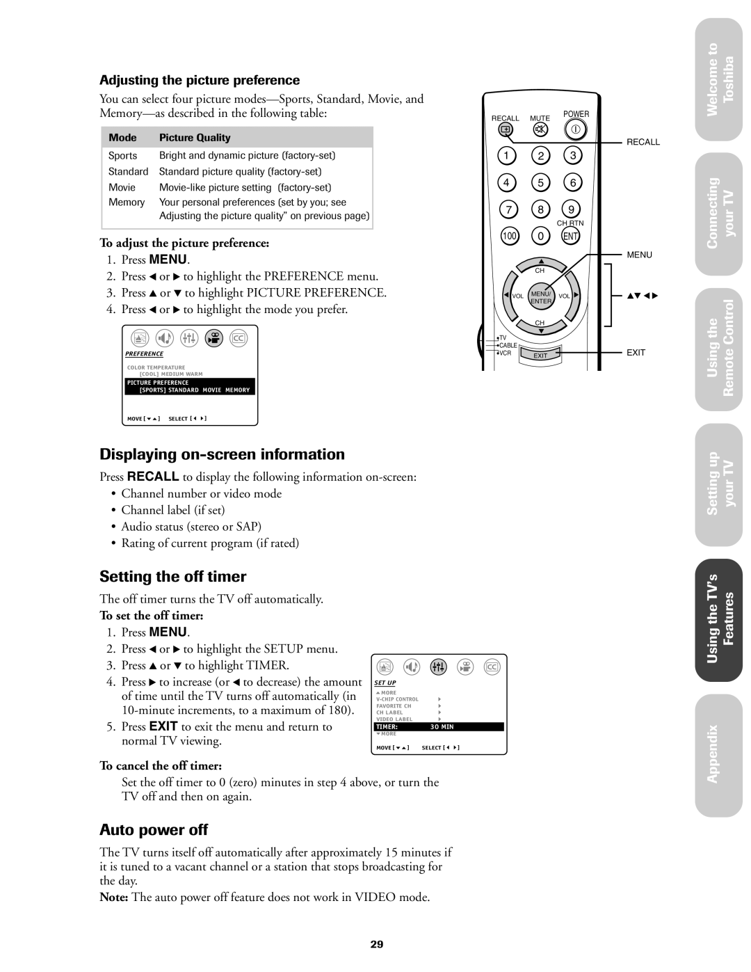 Toshiba 27AF42 Displaying on-screen information, Setting the off timer, Auto power off, Adjusting the picture preference 