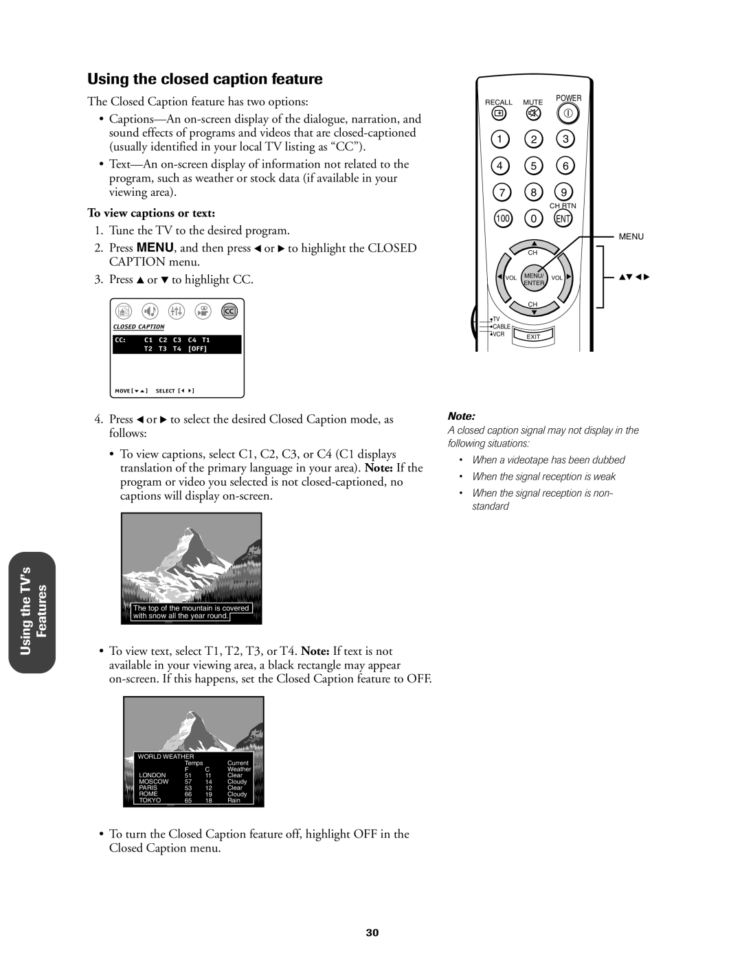 Toshiba 27AF42 owner manual Using the closed caption feature, Closed Caption feature has two options, Viewing area 