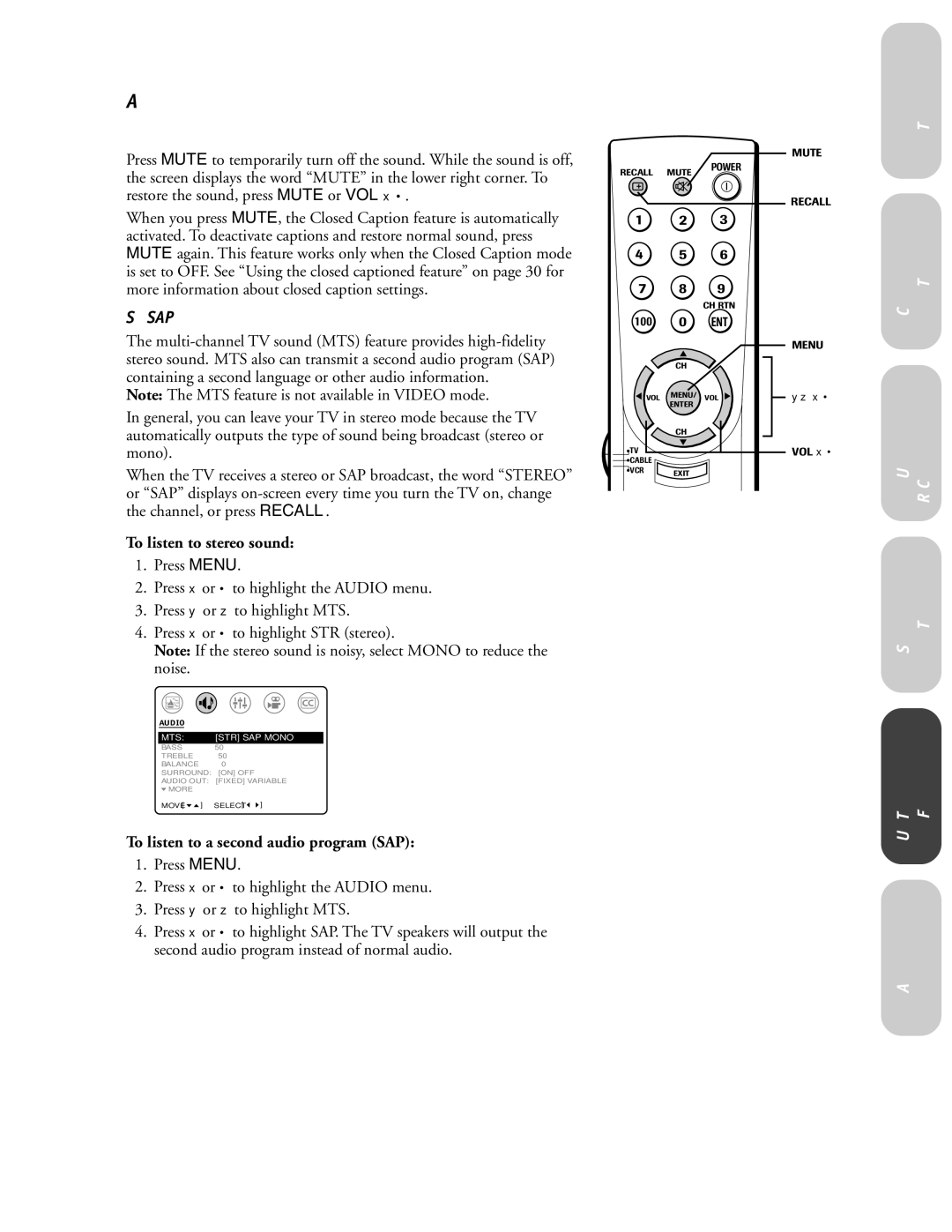 Toshiba 27AF42 Adjusting the sound, Muting the sound, Selecting stereo/SAP broadcasts, To listen to stereo sound 