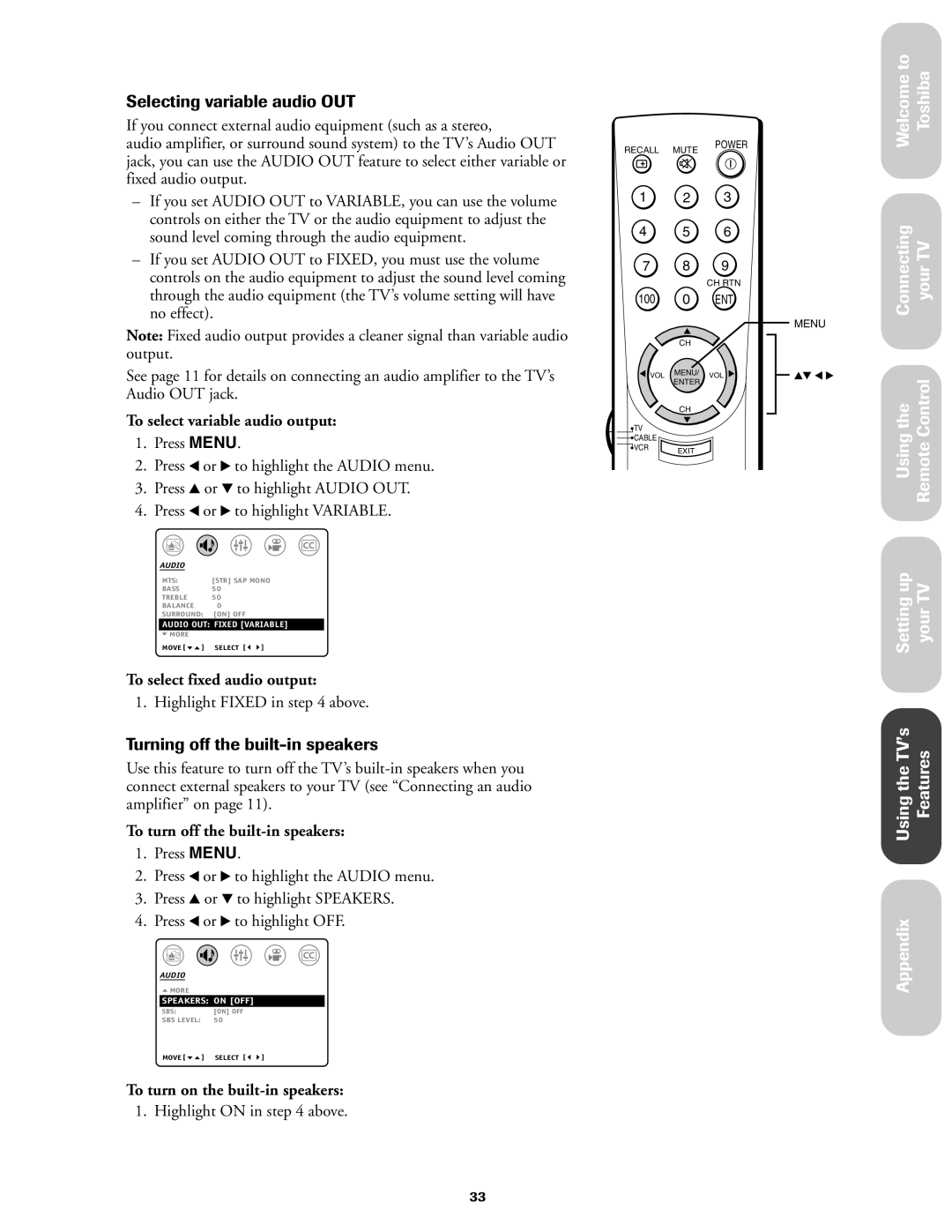 Toshiba 27AF42 owner manual Selecting variable audio OUT, Turning off the built-in speakers 