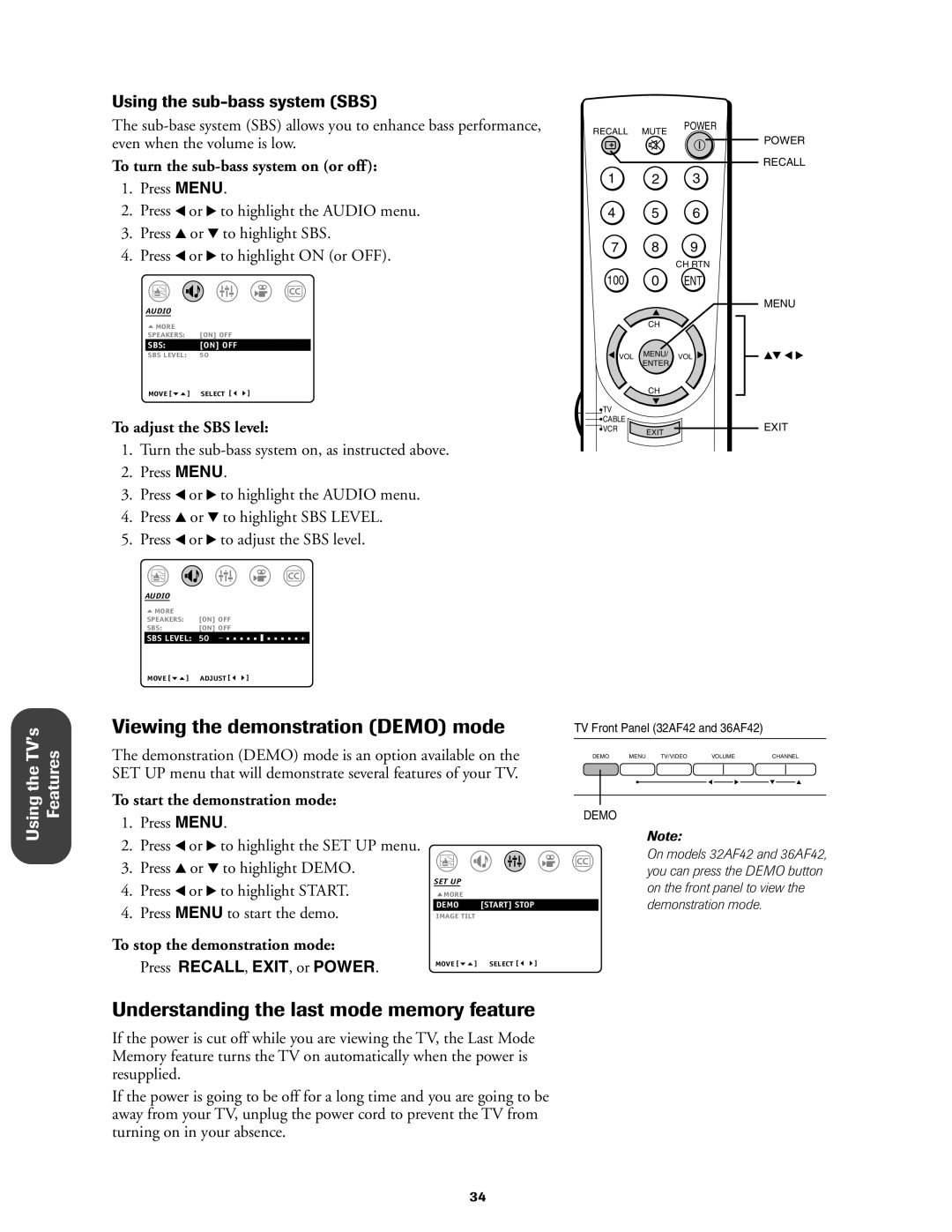 Toshiba 27AF42 owner manual Viewing the demonstration Demo mode, Understanding the last mode memory feature 