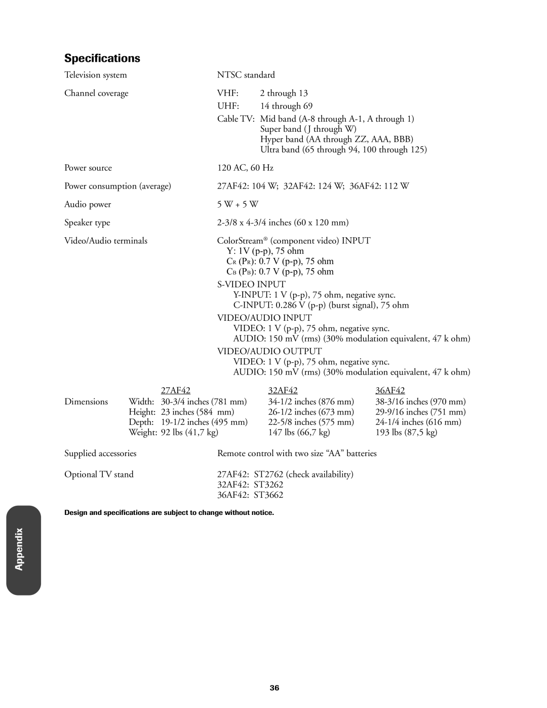 Toshiba 27AF42 owner manual Specifications 