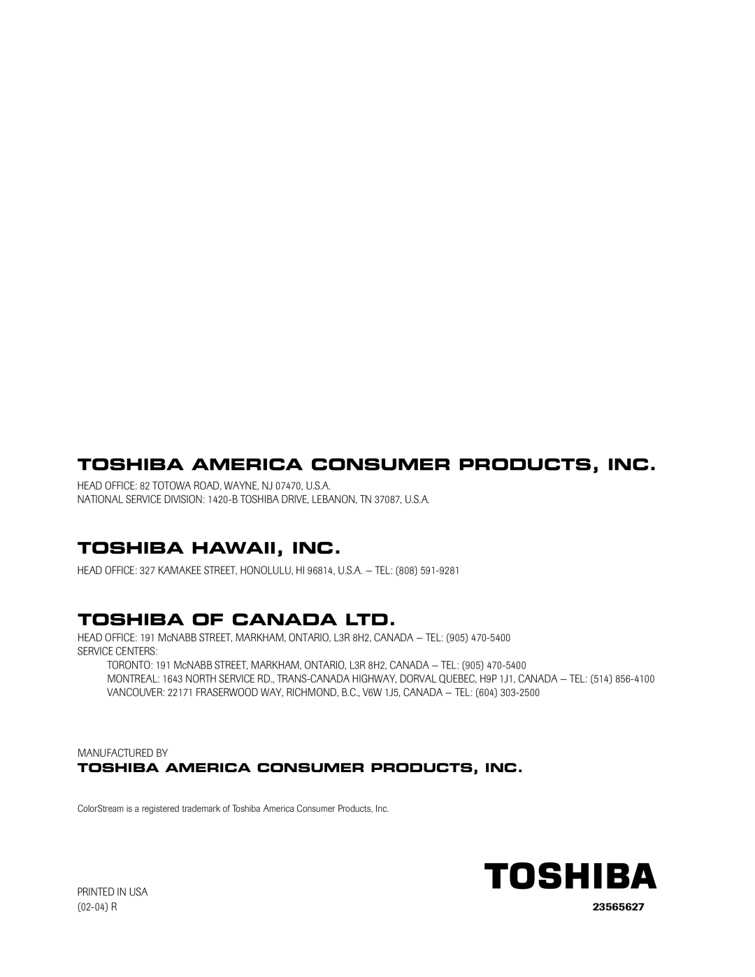 Toshiba 27AF42 owner manual Toshiba America Consumer PRODUCTS, INC 