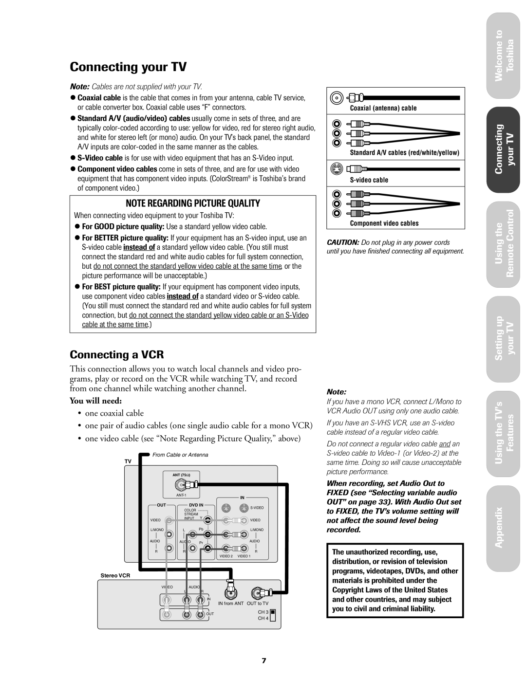 Toshiba 27AF42 owner manual Connecting your TV, Connecting a VCR, You will need 