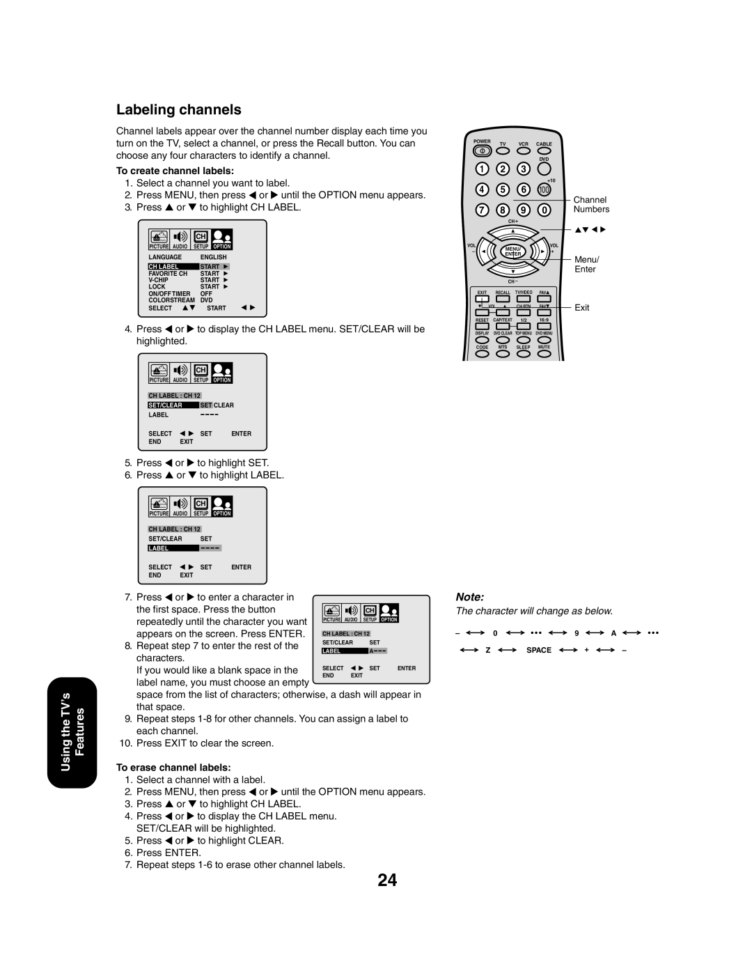 Toshiba 27AF43 appendix Labeling channels, To create channel labels, To erase channel labels 