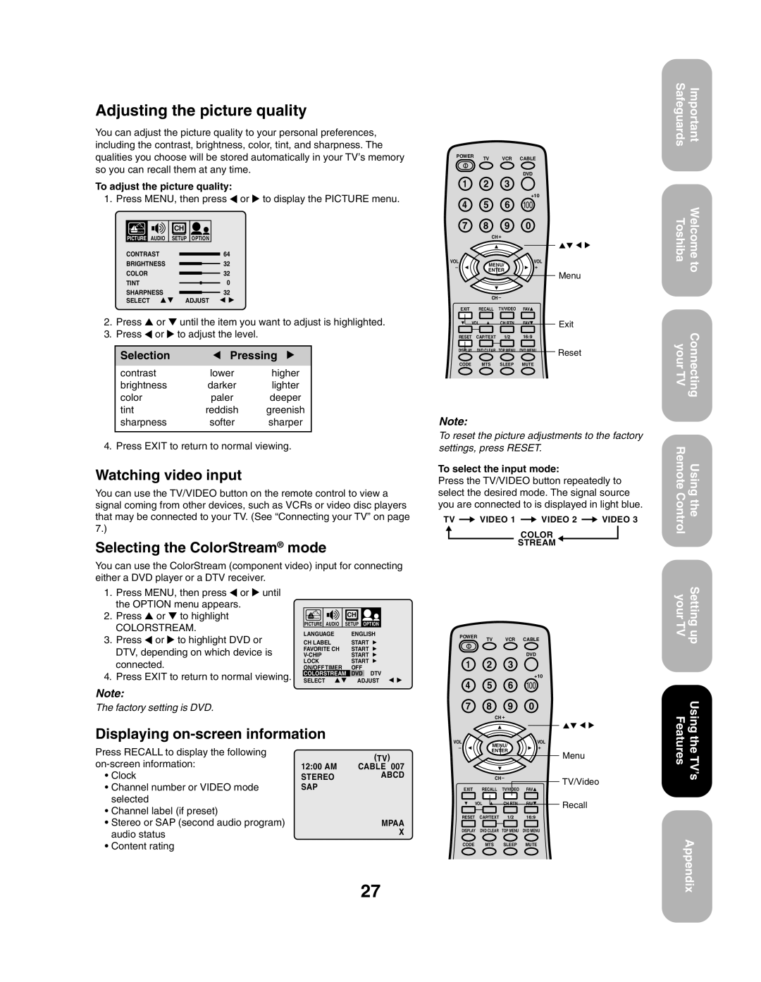 Toshiba 27AF43 appendix Watching video input, Selecting the ColorStream mode, Displaying on-screen information 